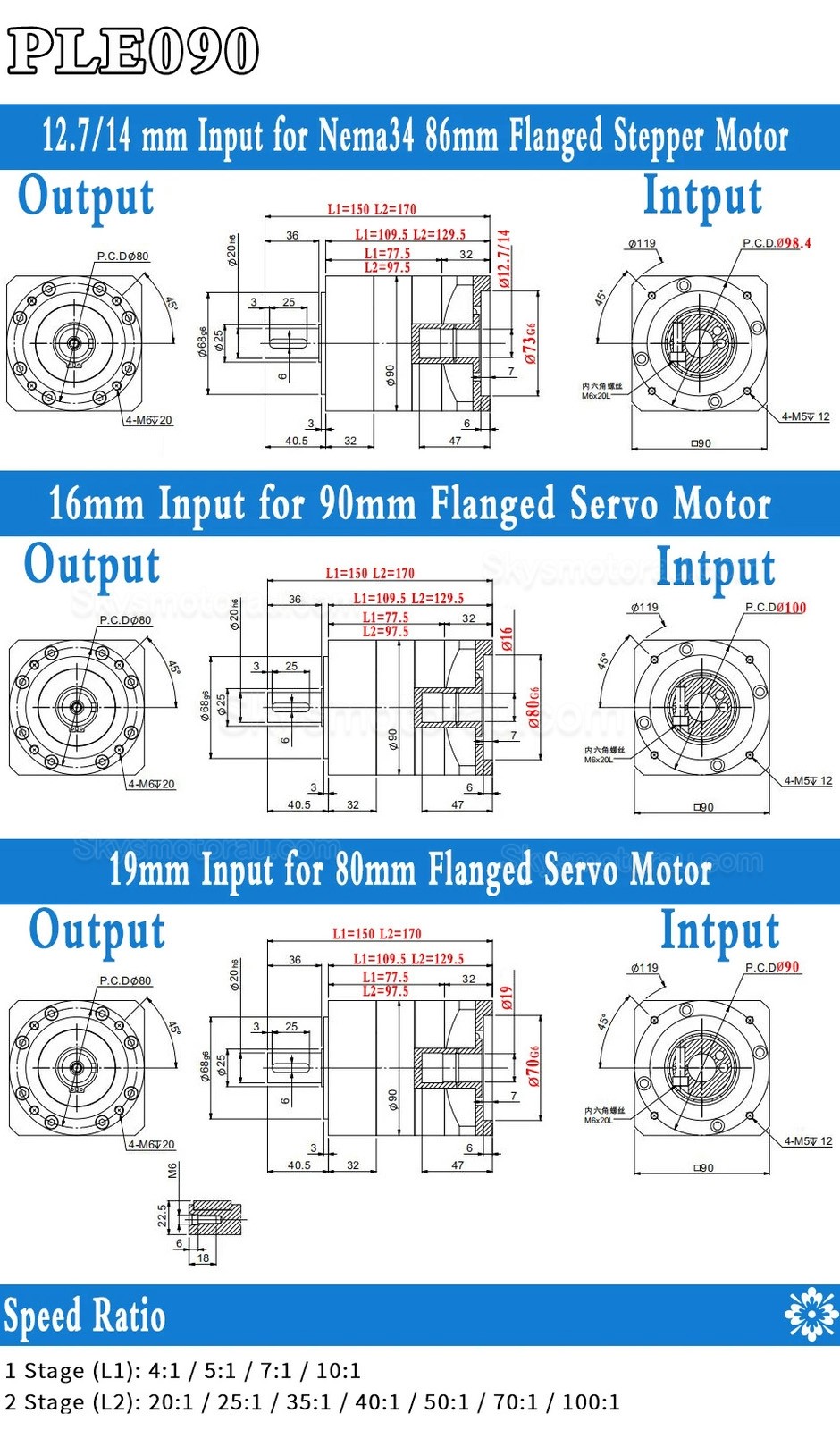 PLE090 Series Planetary Gear Box Ratio 3:1 - 100:1 for NEAM34 Stepper Motor, 80mm / 90mm Servo Motor