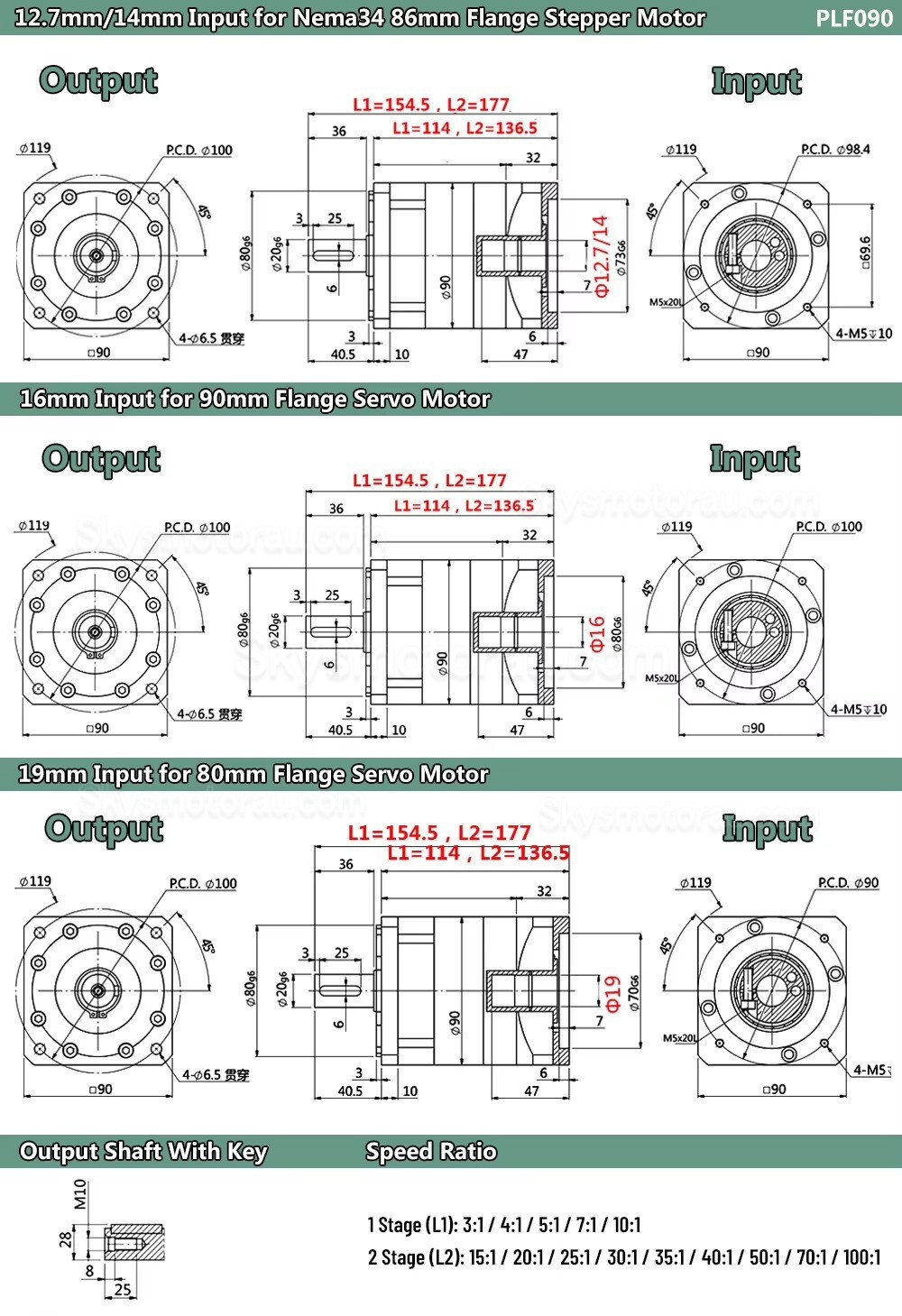 PLF090 Series Planetary Gear Box Ratio 3:1 - 100:1 for NEAM34 Stepper Motor, 80mm Servo Motor 750W