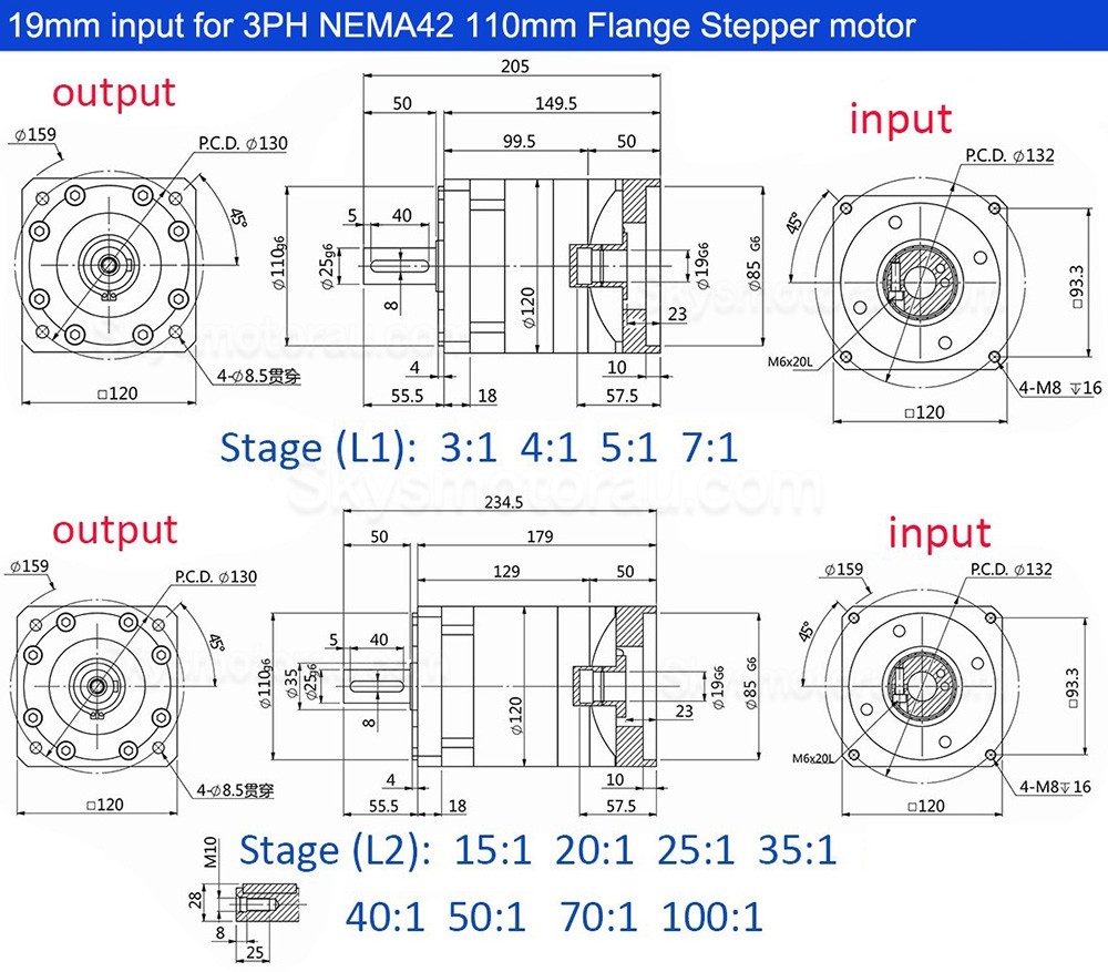 PLF120 Series Nema 42 Planetary Gear Box Ratio 3:1 - 100:1 Input Shaft 19mm