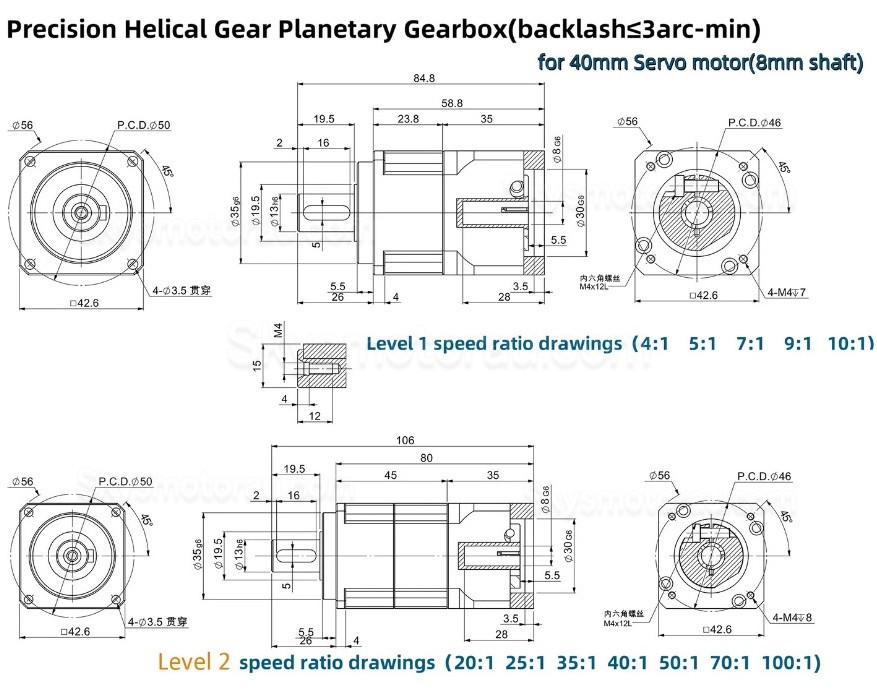 PLG042 Helical Planetary Gearbox Ratio 4:1 - 100:1 Fit NEMA 17 Stepper Motor / 40mm Servo Motor