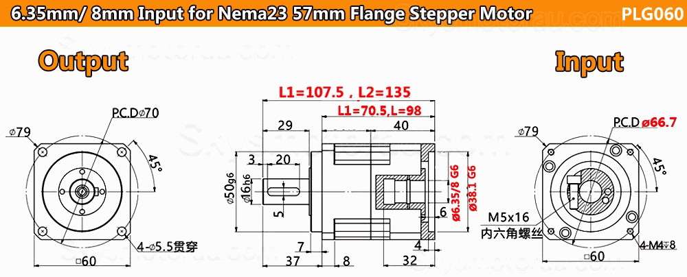 PLG060 Series Helical Planetary Gearbox Ratio 3:1 - 100:1 for Nema23 Stepper Motor /Nema 24 Svero Motor