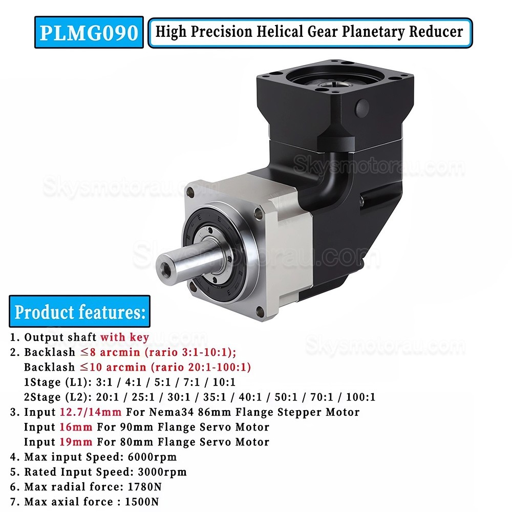 PLMG090 Series NEMA 34 Right Angle Servo Planetary Gearbox 3:1 - 100:1 for NEMA 34 Stepper / 90mm Servo Motor