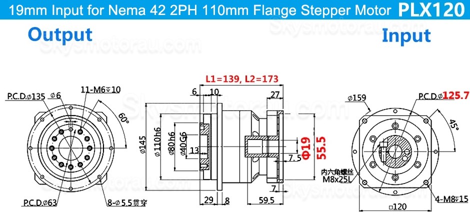 PLX120 Series Helical Flange Plate Output Planetary Gearbox for Nema 42 Stepper Motor & 110mm/130mm Servo Motor