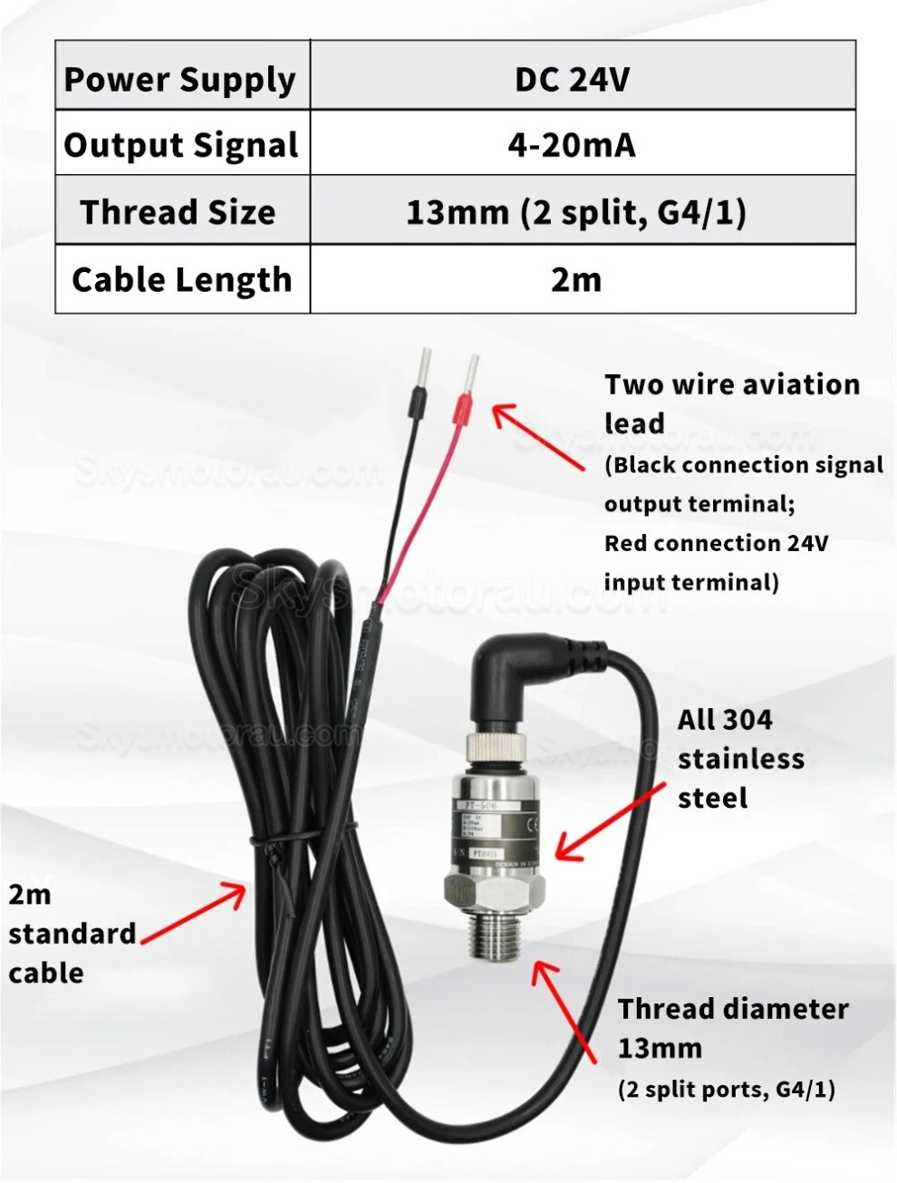 24V IP68 G1/4 PT506 Pressure Transmitter Connector /Pressure Transducer for Water Gas Hydraulic (with 2m Cable)