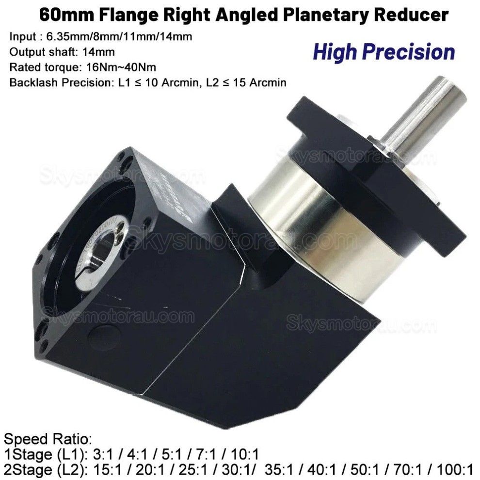 PVF060 Series Nema23 90 Degree Planetary Gearbox Ratio 3:1 - 100:1 Fit Nema 23 Stepper / 60mm Servo Motor