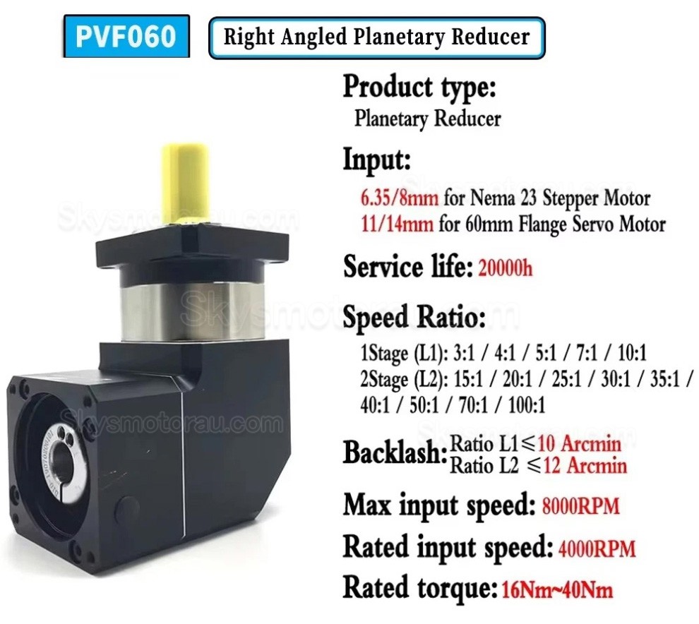 PVF060 Series Nema23 90 Degree Planetary Gearbox Ratio 3:1 - 100:1 Fit Nema 23 Stepper / 60mm Servo Motor