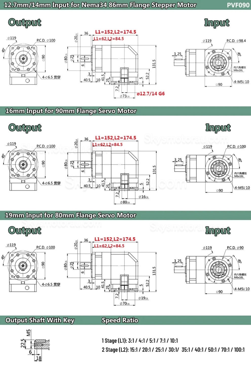 PVF090 Series Nema34 90 Degree Planetary Gearbox Ratio 3:1 - 100:1 for Nema34 Stepper Motor / 90mm Servo Motor