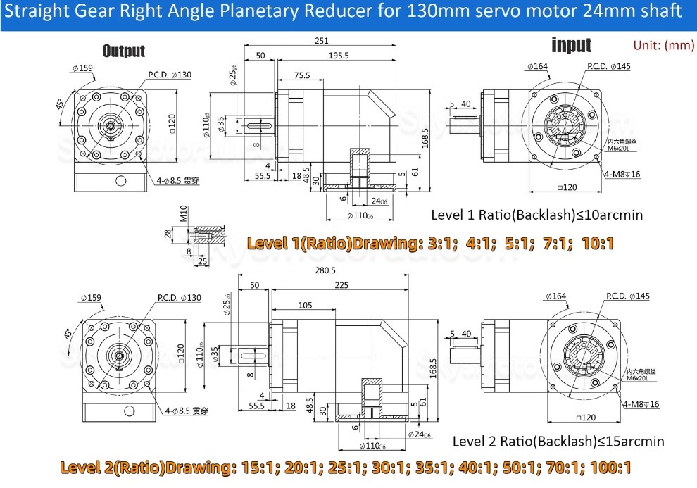 PVF120 Series Nema42 90 Degree Planetary Gearbox Ratio 3:1 - 100:1 for Nema 42 Stepper /100-130mm Servo Motor