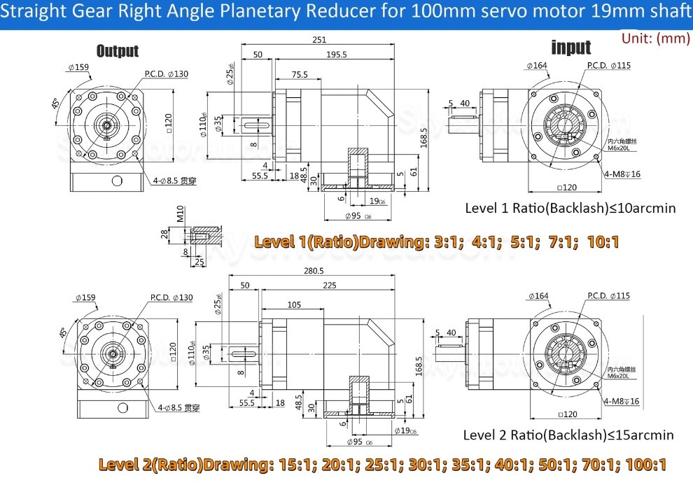 PVF120 Series Nema42 90 Degree Planetary Gearbox Ratio 3:1 - 100:1 for Nema 42 Stepper /100-130mm Servo Motor