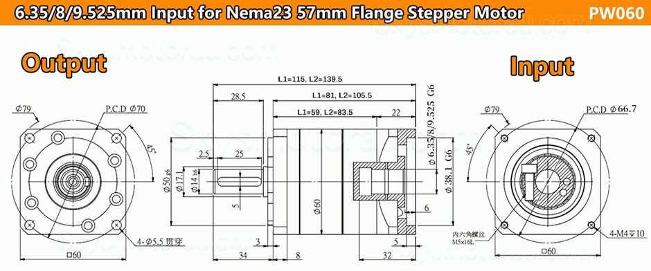 PW060 Series Helical Planetary Gearbox Ratio 3:1 - 100:1 for Nema23 Stepper Motor /Nema 24 Svero Motor