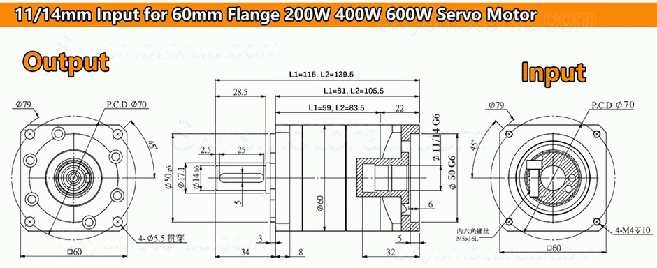 PW060 Series Helical Planetary Gearbox Ratio 3:1 - 100:1 for Nema23 Stepper Motor /Nema 24 Svero Motor