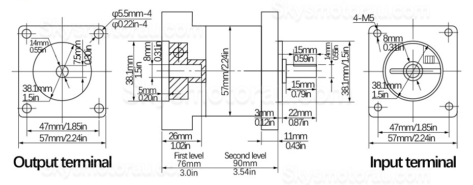 PX57 Series Nema 23 Planetary Gearbox Ratio 3:1 - 261:1 Input Shaft 8mm Output Shaft 14mm