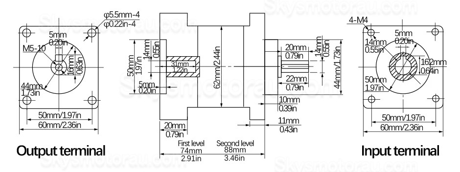 PX60 Series Nema 24 Planetary Gearbox Ratio 3:1 - 216:1 Input Shaft 14mm Output Shaft: 14mm