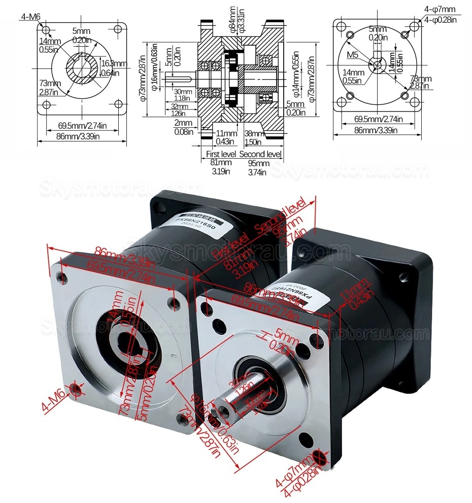 PX86 Series Nema 34 Planetary Gearbox Ratio 3:1 - 216:1 Input Shaft 14mm Output Shaft: 16mm
