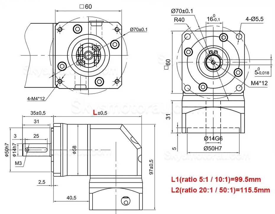 RTG60 Series Nema 24 Right Angle Servo Planetary Gearbox Ratio 5:1/10:1/20:1/50:1 for 60mm Servo Motors