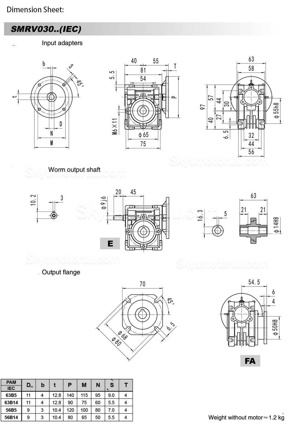 RV030 63B14/63B5 Round Worm Gearbox Ratio 5:1 10:1 20:1 30:1 40:1 50:1 :60:1 80:1 Input Bore 11mm