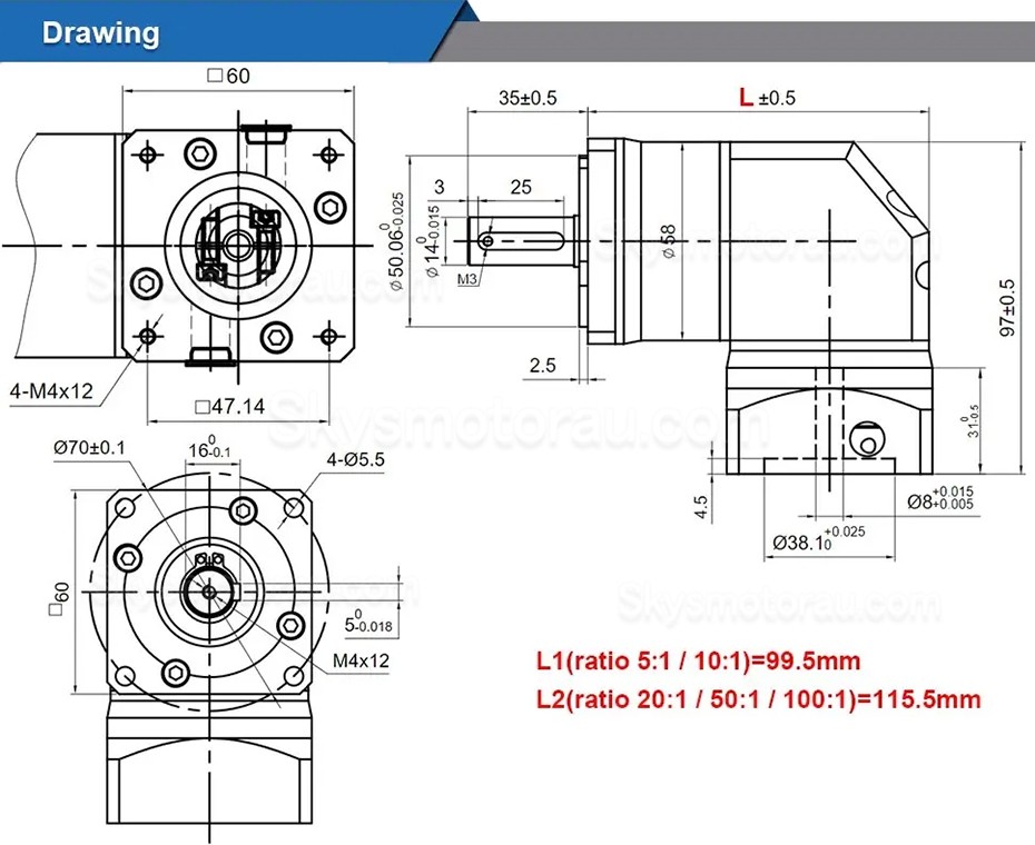 RYG23 Series Right Angle Planetary Gearbox Ratio 5:1/10:1/20:1/50:1 for Nema 23 Stepper Motor