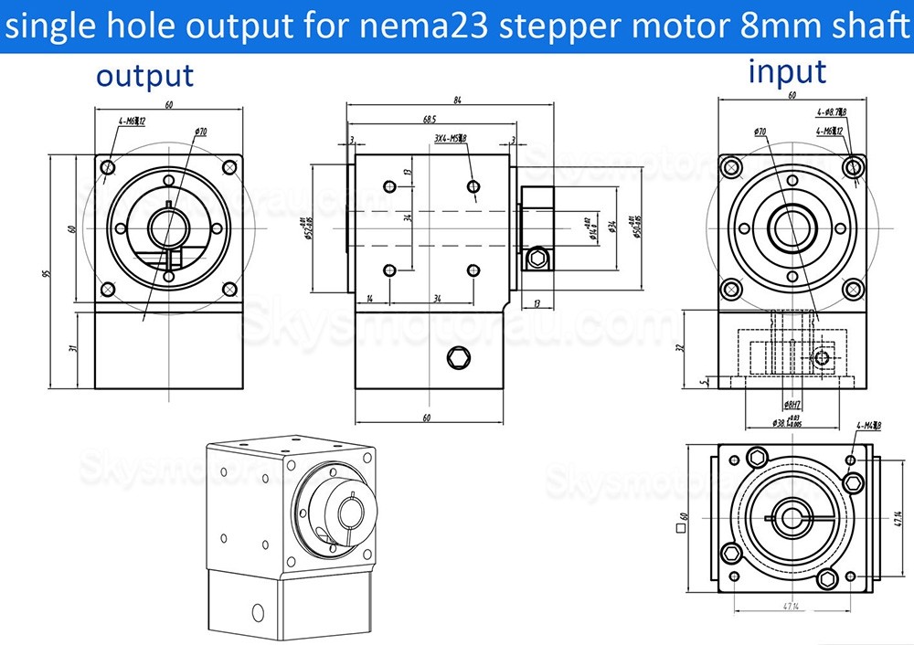 Nema 23 Right Angle Commutator 90 Degree Bevel Gearbox 2:1/3:1/5:1 for Nema23 Stepper Motor