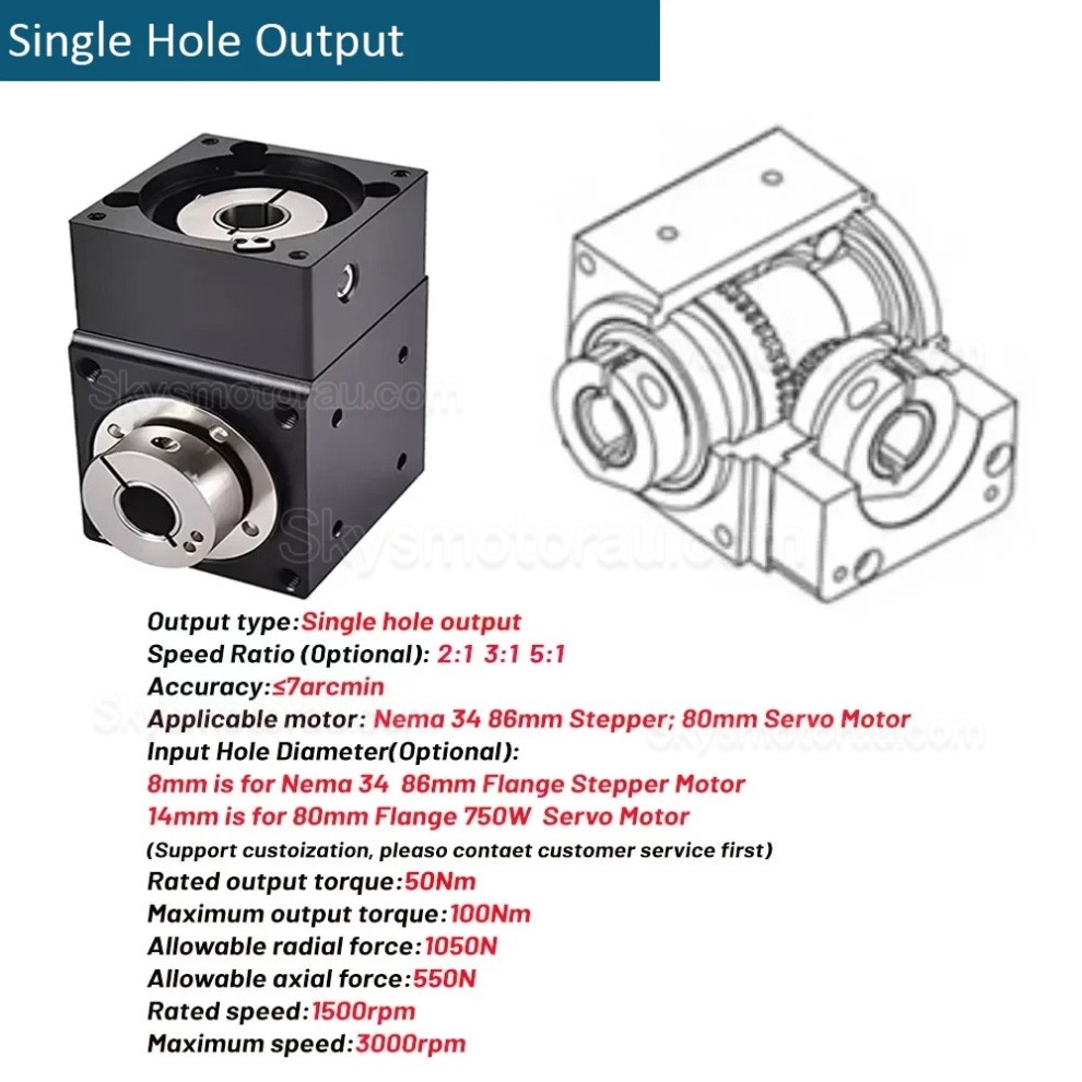 Nema 34 90 Degree Bevel Gearbox Ratio 2:1/3:1/5:1 for NEMA 34 Stepper/ 80mmServo Motor