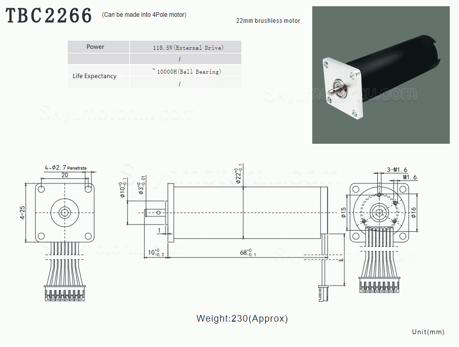 10Pcs 12/24V &Phi;22mm Brushless Coreless DC Motor TBC2266 0.8kg.cm 62.3W/118.5W Shaft Diameter 3mm