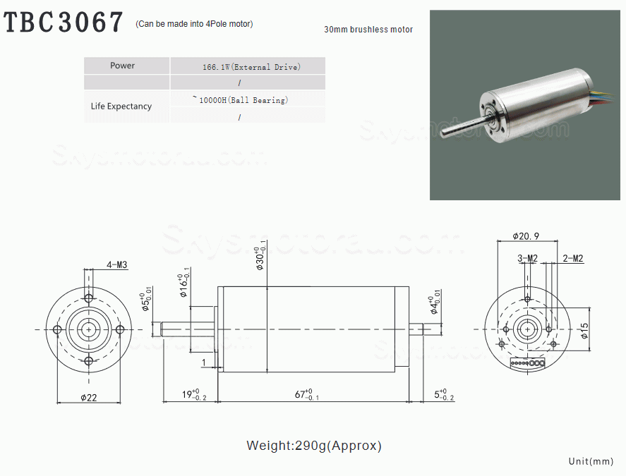 5Pcs 24V/48V &Phi;30mm Dual Shaft Brushless Coreless DC Motor TBC3067 0.973kg.cm/0.9kg.cm 160W