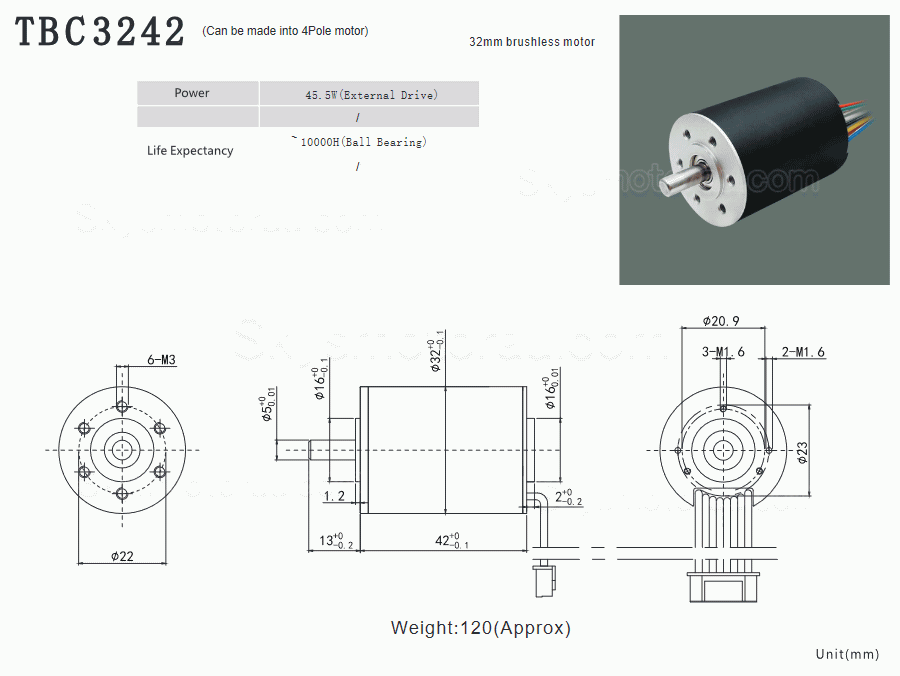5Pcs 12V/24V &Phi;32mm Brushless Coreless DC Motor TBC3242 4.6kg.cm/1.9kg.cm 45.5W/ 25.1W Shaft Diameter 5mm