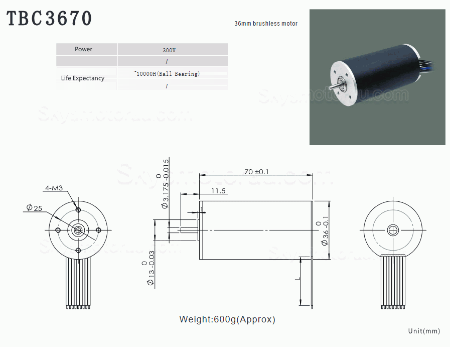 5Pcs 24/36V &Phi;36mm Brushless Coreless DC Motor TBC3670 1.2-2.4kg.cm 67-270W Shaft Diameter 3.175mm