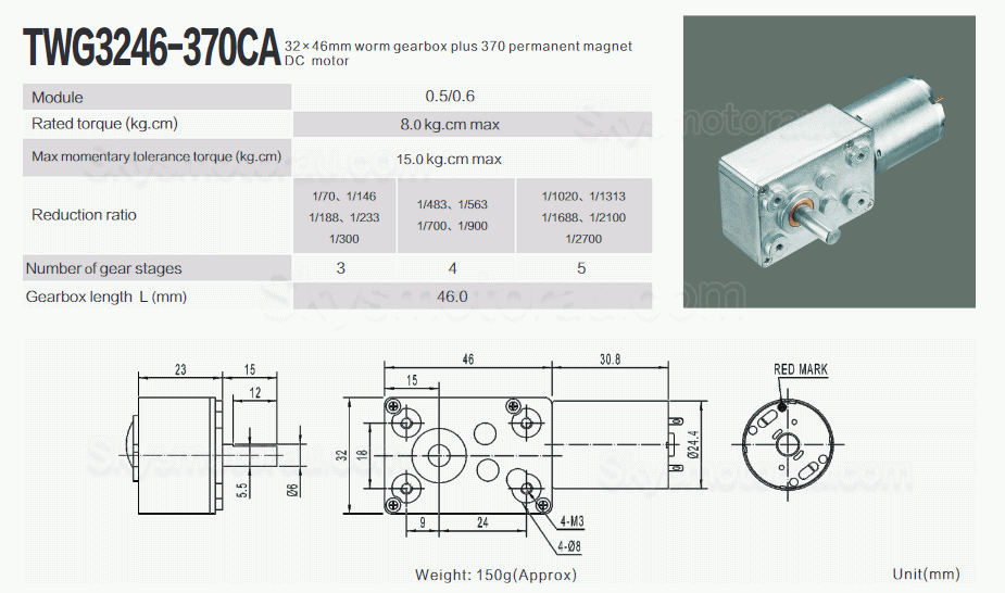 20Pcs 6V/12V Permanent Magnet DC Worm Gear Motor TWG3246-370CA 1.25W Shaft 6mm With Worm Gearbox