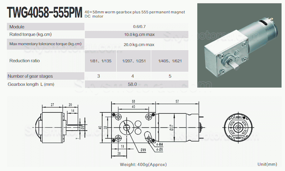 20Pcs 12V/24V Permanent Magnet DC Worm Gear Motor TWG4058-555PM Shaft 8mm 8.8W With Worm Gearbox