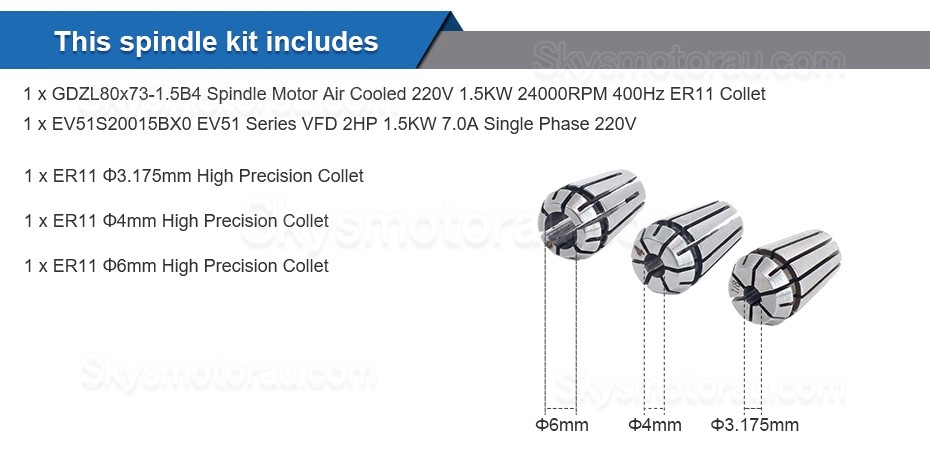 1.5kW VFD Spindle Kit VSK-ASL1.5B Indc. Air Cooled Spindle Motor + Variable Frequency Drive + 13Pcs ER20 Collet