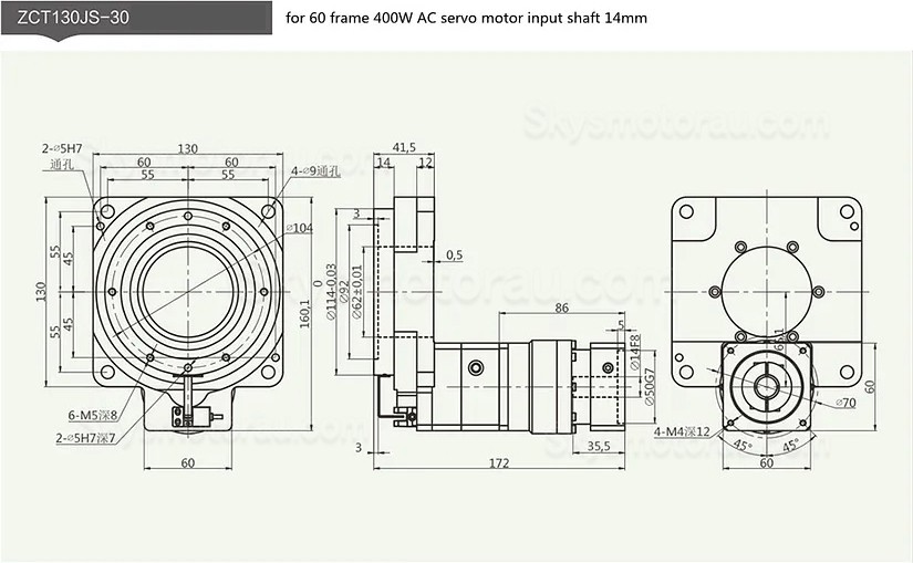 ZCT130-10/ZCT130-18 Hollow Rotary Tables 10:1 18:1 for 60mm 400W AC Servo Motor / 34 Nema Stepper Motor