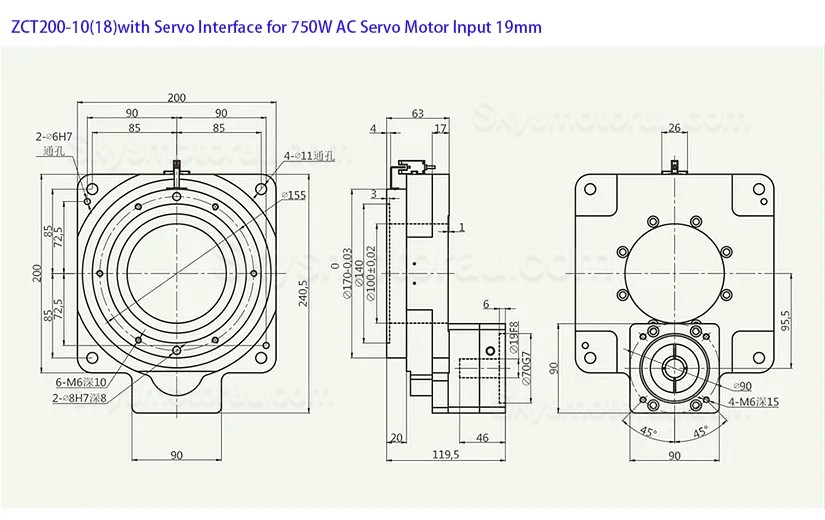ZCT200-10/ZCT200-18 10:1 18:1 Hollow Rotary Tables Input Shaft 19mm for 80mm 750W AC Servo Motor/ Stepper Motor