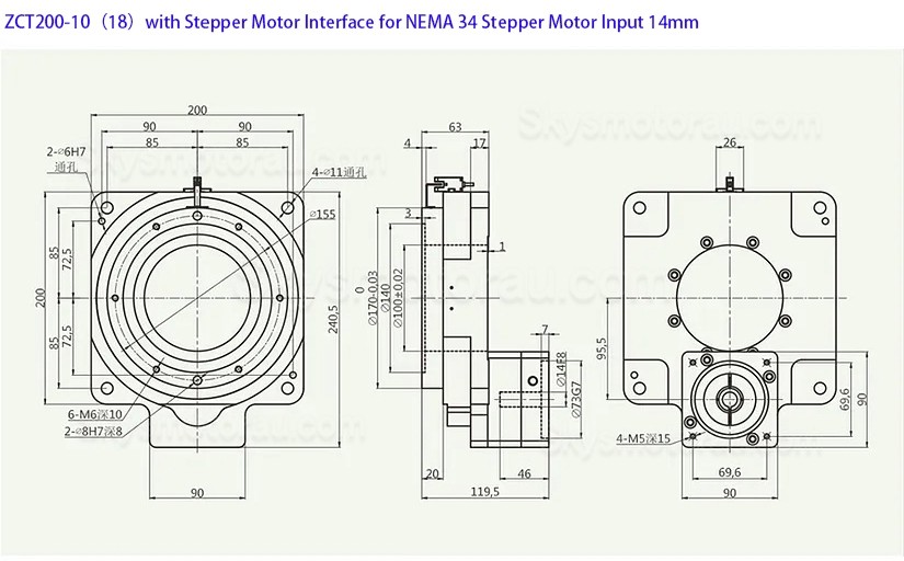 ZCT200-10/ZCT200-18 10:1 18:1 Hollow Rotary Tables Input Shaft 19mm for 80mm 750W AC Servo Motor/ Stepper Motor
