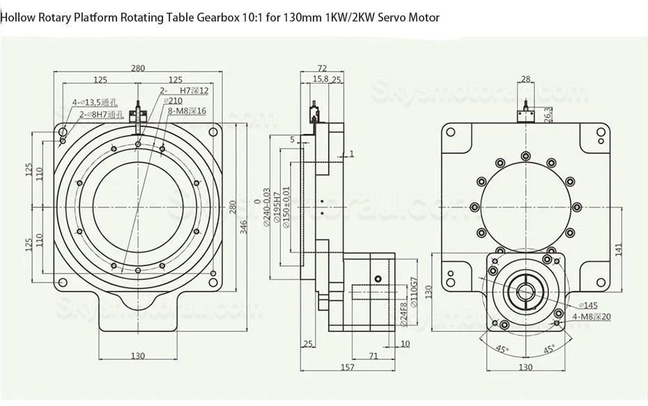 ZCT280-10 10:1 Hollow Rotary Tables Input Shaft 22/24mm for 130mm 1/2KW AC Servo Motor