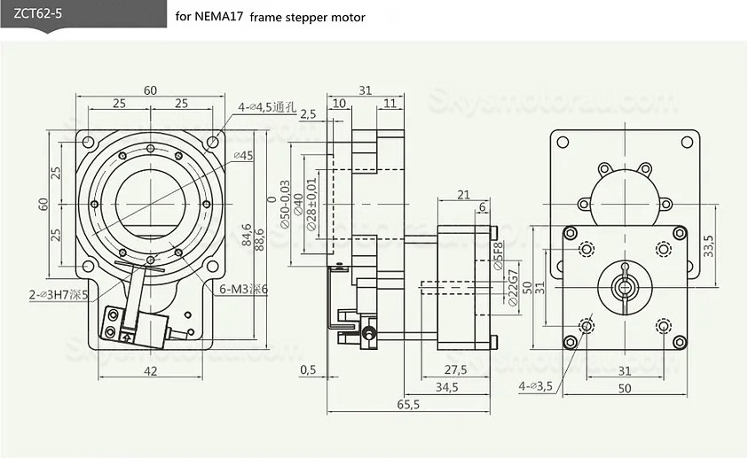 ZCT62-5/ZCT62-10 5:1 10:1 Hollow Rotary Actuator Input Shaft 5mm/8mm for 50w/100w AC Servo Motor / 42 Nema Stepper Motor