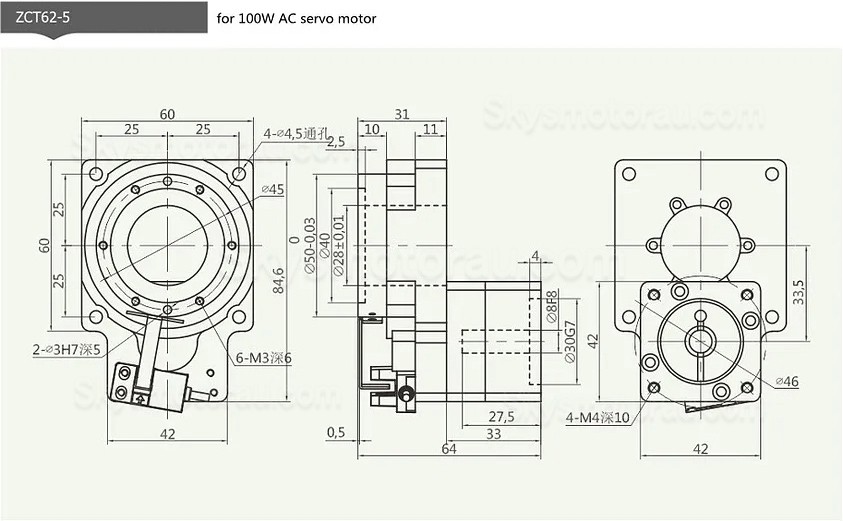 ZCT62-5/ZCT62-10 5:1 10:1 Hollow Rotary Actuator Input Shaft 5mm/8mm for 50w/100w AC Servo Motor / 42 Nema Stepper Motor