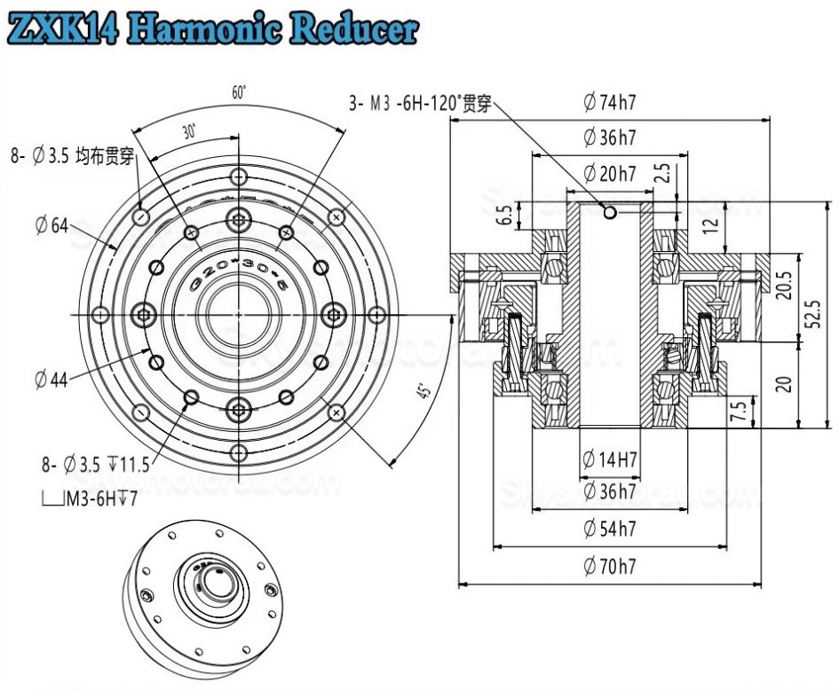 ZXK Series 30:1/50:1/80:1/100:1/120:1/160:1 Hollow Type Harmonic Reducer Gearbox