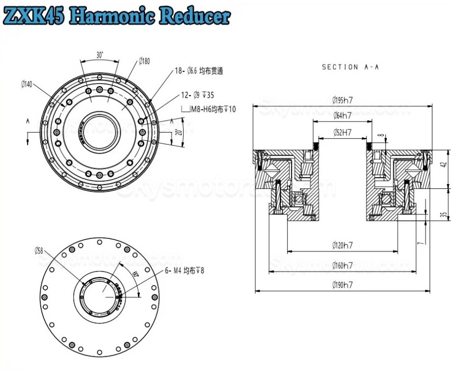 ZXK Series 30:1/50:1/80:1/100:1/120:1/160:1 Hollow Type Harmonic Reducer Gearbox