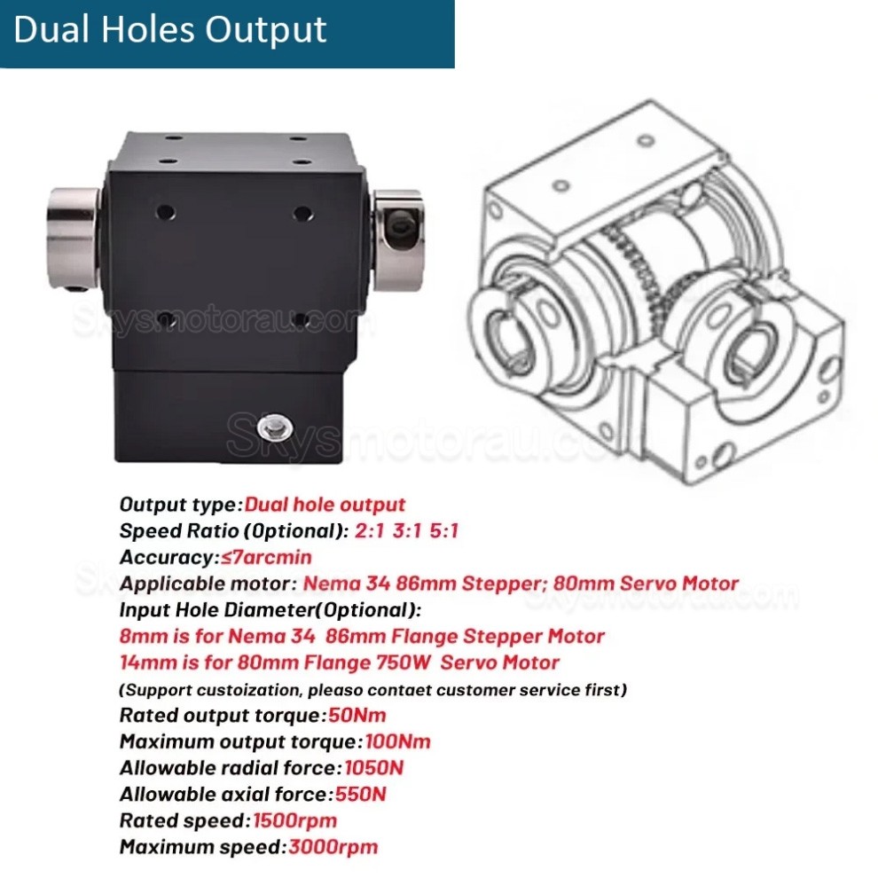 Nema 34 90 Degree Bevel Gearbox Ratio 2:1/3:1/5:1 for NEMA 34 Stepper/ 80mmServo Motor